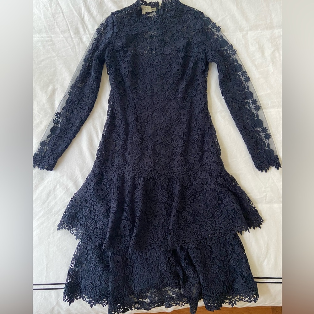 Rickie Freeman for Teri Jon Navy Blue Long Sleeve Lace Dress